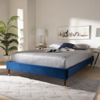 Baxton Studio BBT6598A1-Navy Blue-Full Volden Glam and Luxe Navy Blue Velvet Fabric Upholstered Full Size Wood Platform Bed Frame with Gold-Tone Leg Tips